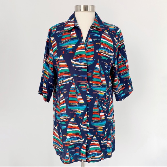 3 for $15 Soft Surroundings Sail Away Colorful Tunic Top Button Nautical Shirt - Picture 3 of 7
